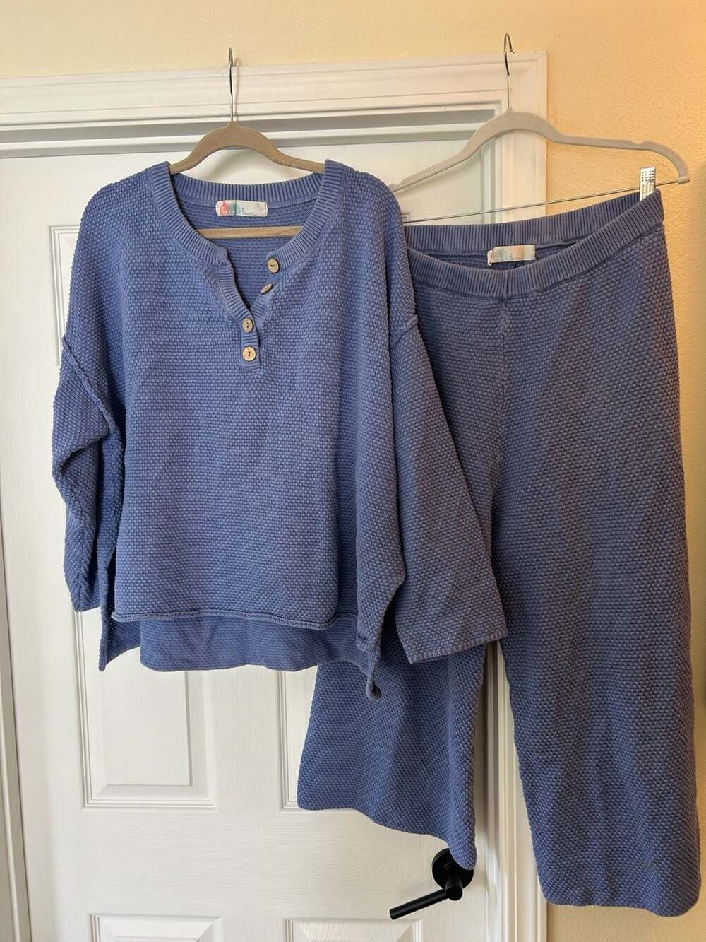 Free People Beach Hailee Waffle Knit Henley and Wide Leg Pants Sweater Set